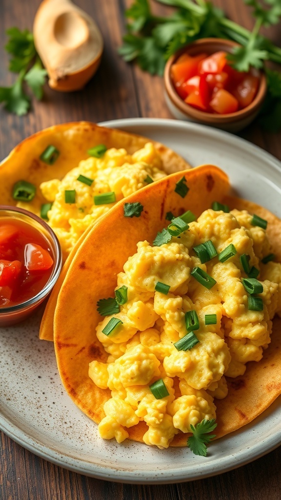 Scrambled Eggs with Tortillas Recipe Scrambled eggs in tortillas garnished with cilantro and served with salsa on a rustic table.